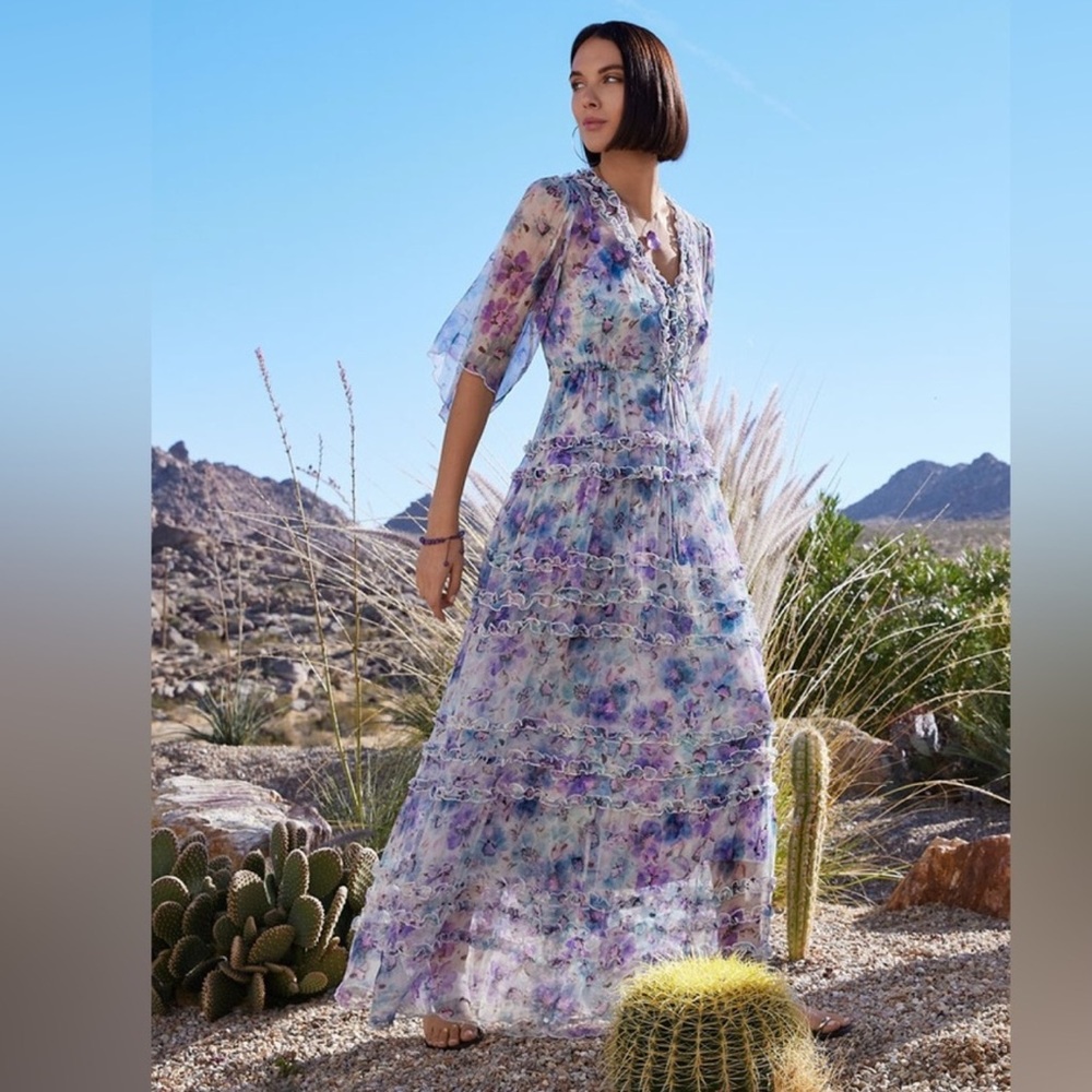 Johnny Was Lavender Blue Floral Tiered Maxi Dress